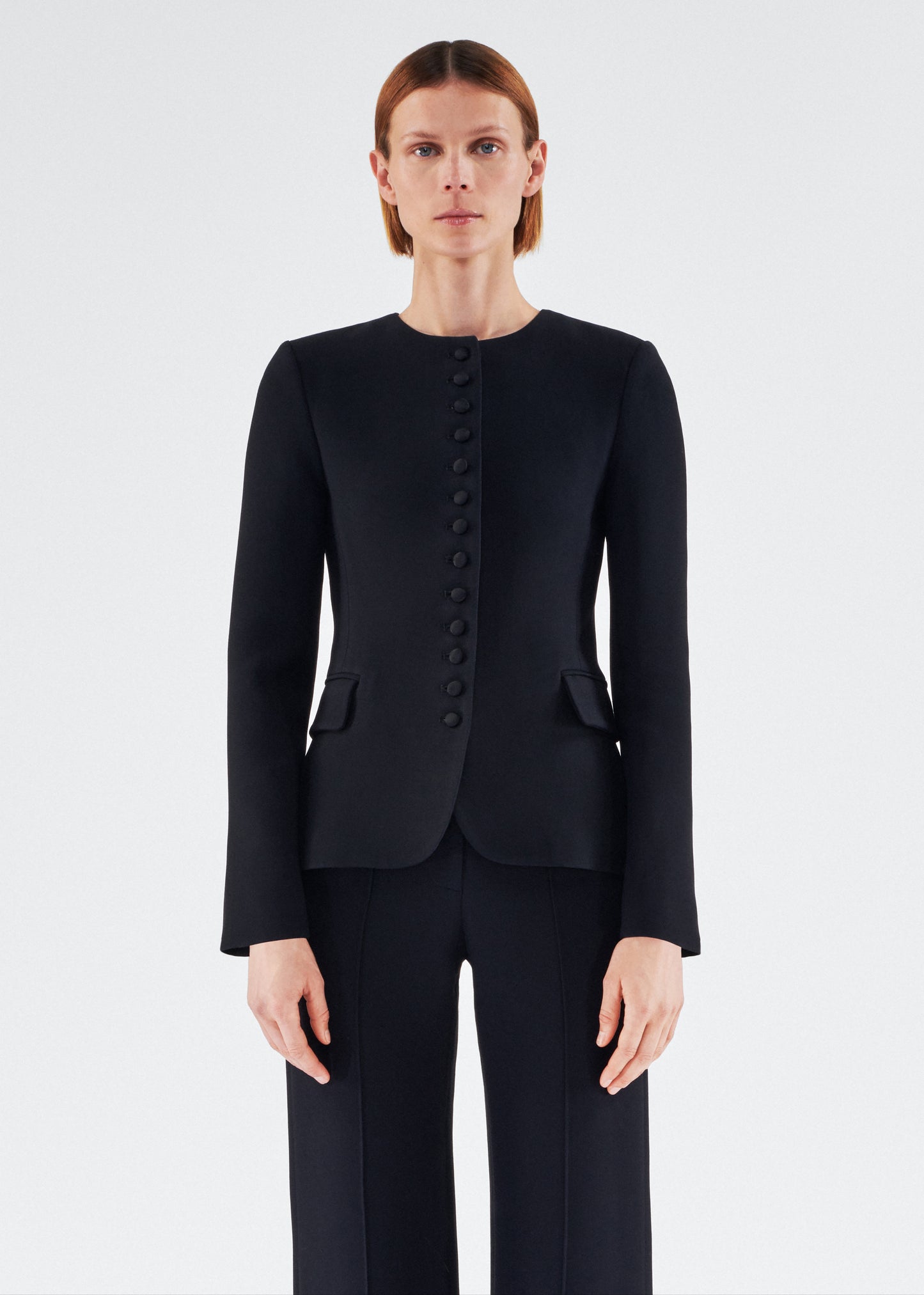 Front of model wearing the Marin Jacket in Silk Wool in Black