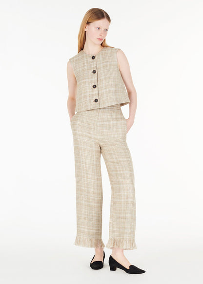 full body front facing image of model wearing the sutton pant in silk linen plaid with the remo top in silk linen plaid