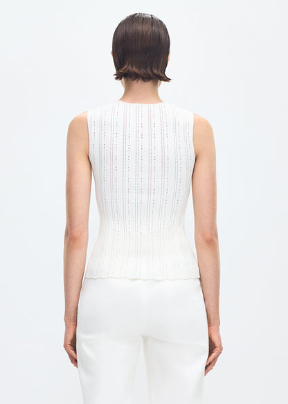 back profile of model wearing the brynn top in compact jacquard ivory