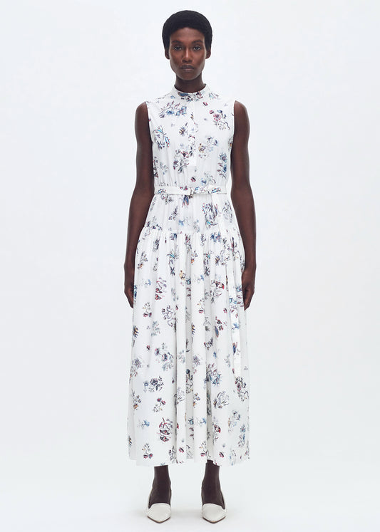 front profile of model wearing the arden dress in printed poplin in ivory floral