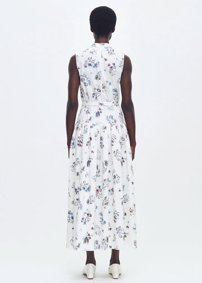 back profile of model wearing the arden dress in printed poplin in ivory floral