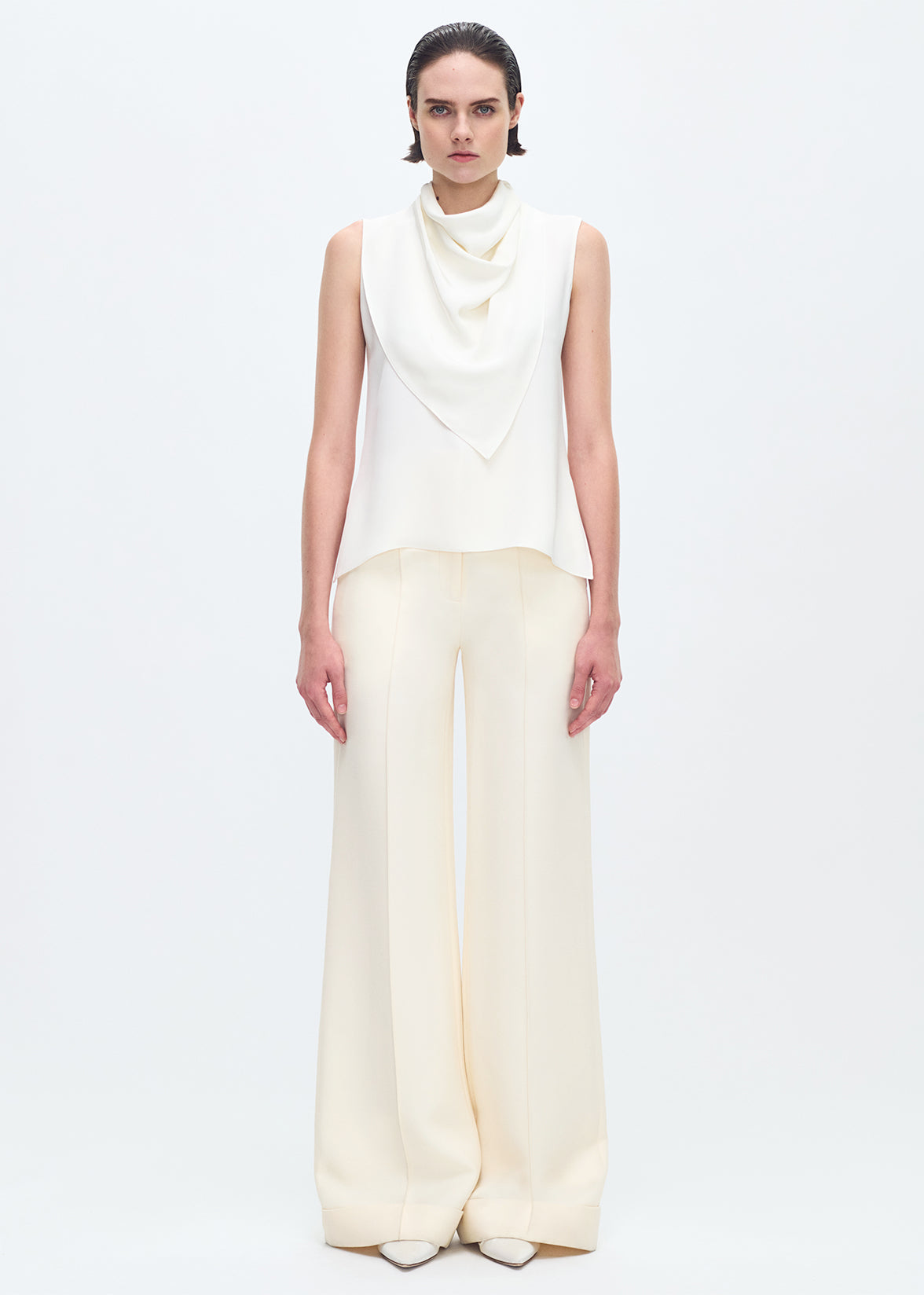 full body front profile of model wearing the Bandera Shell in Silk Crepe in Ivory