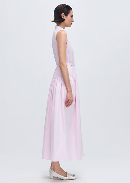 side profile of model wearing the Arden Dress in Compact Cotton in Pale Pink