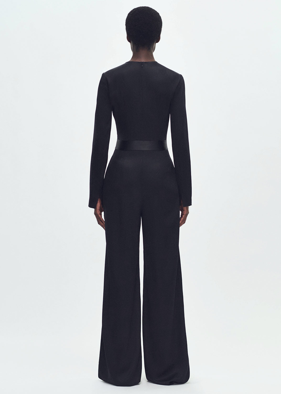 back profile of model wearing  the Ophelia Jumpsuit in Double Face Silk Charmeuse