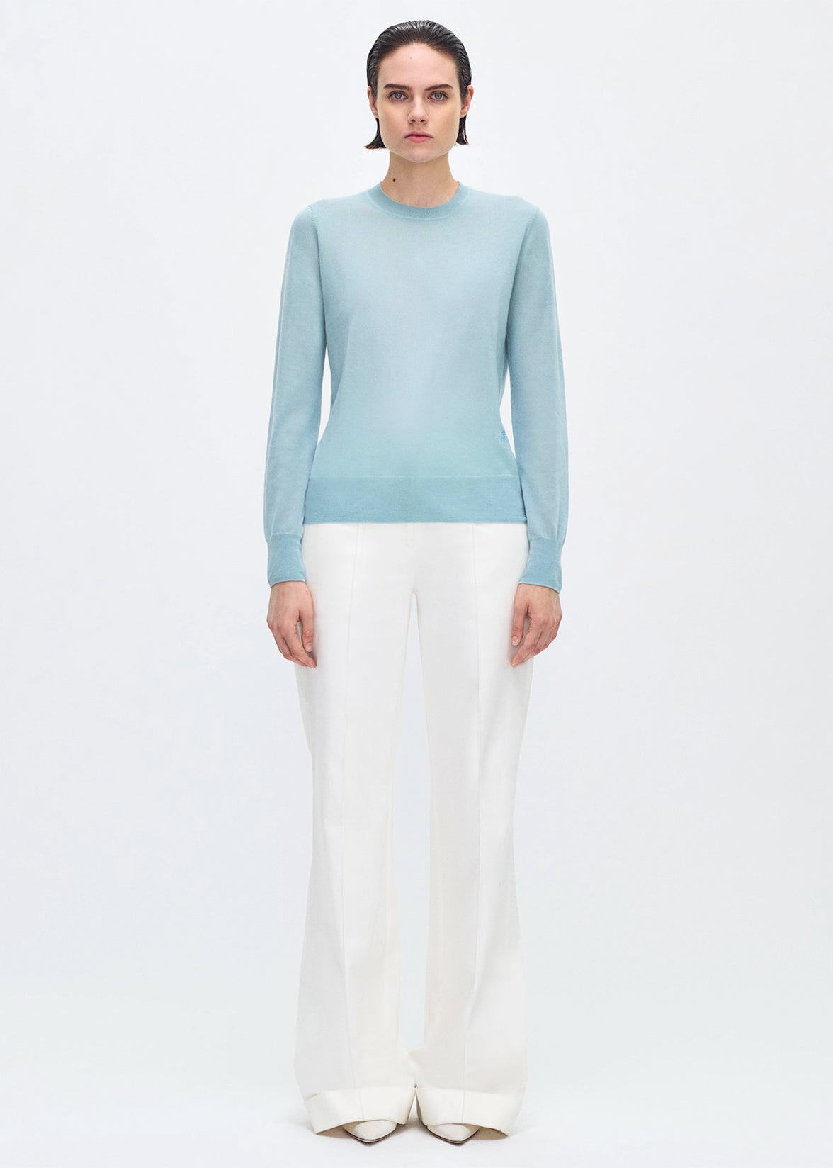 Front full body profile of model wearing the Didion Knit in cashmere silk in mist