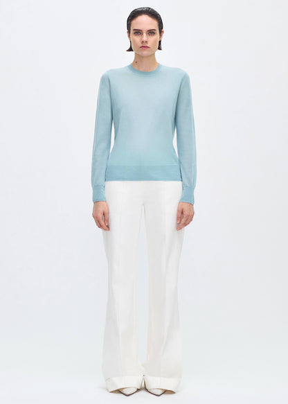 Front full body profile of model wearing the Didion Knit in cashmere silk in mist