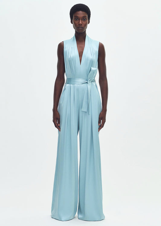 model wearing the Nansi Jumpsuit in double face silk charmeuse in mist