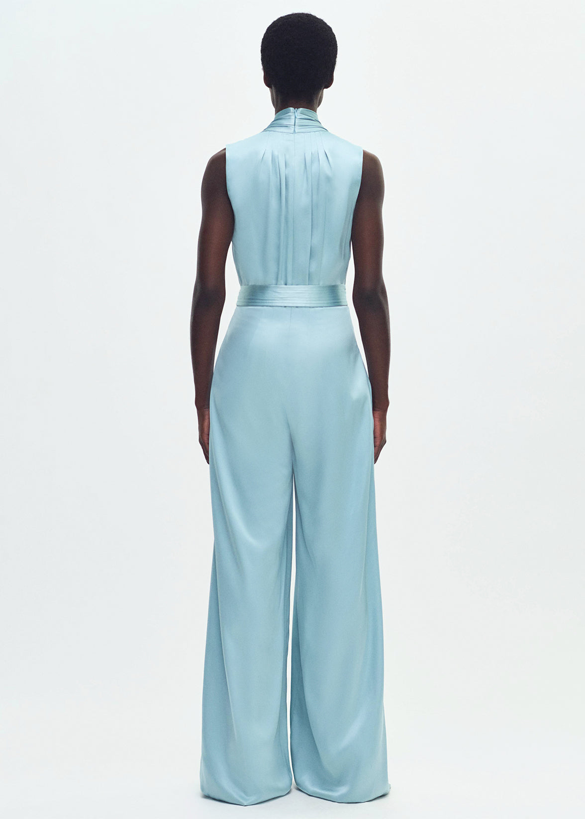 model wearing the Nansi Jumpsuit in double face silk charmeuse in mist