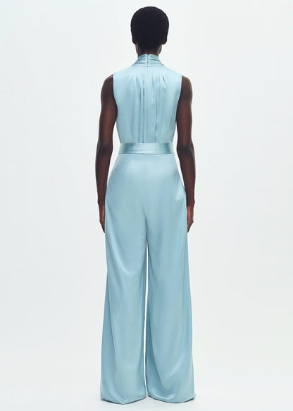 model wearing the Nansi Jumpsuit in double face silk charmeuse in mist