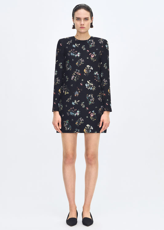 front profile of model wearing the Tilley dress in black floral