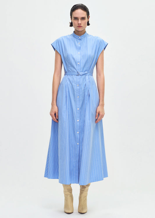 model wearing the Dejeuner Dress in Stripe Poplin in blue