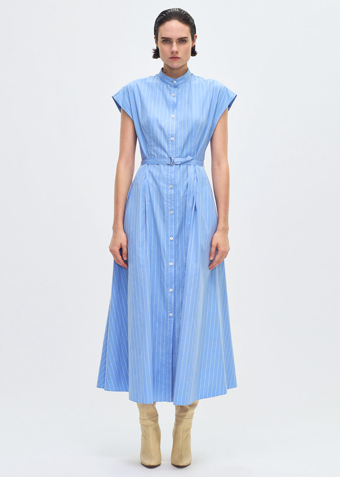 model wearing the Dejeuner Dress in Stripe Poplin in blue