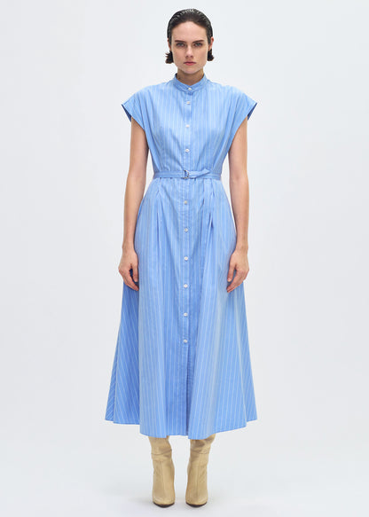 model wearing the Dejeuner Dress in Stripe Poplin in blue