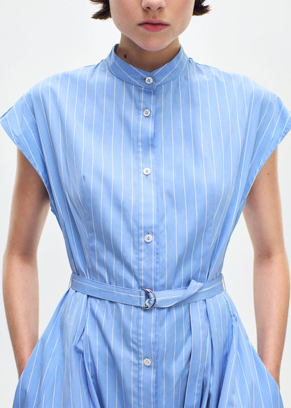 model wearing the Dejeuner Dress in Stripe Poplin in blue