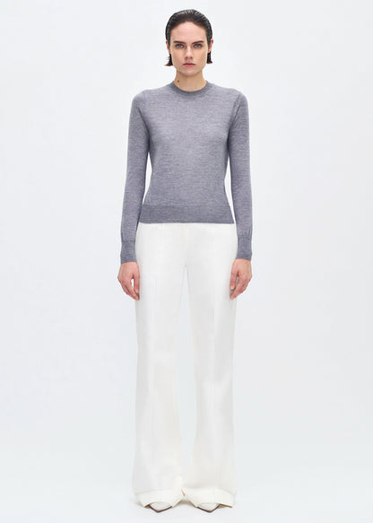 full body front profile of model wearing the Didion knit in cashmere silk in grey