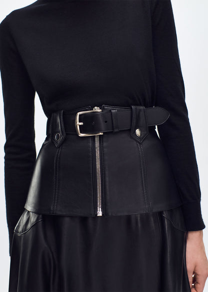 close up of model wearing the Gael Belt in Black Leather