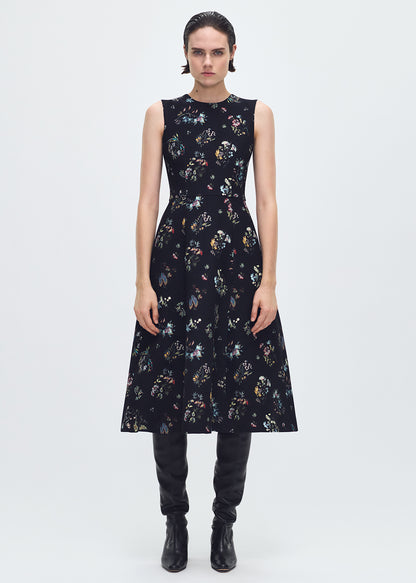 front profile of model wearing the Eloise Dress In Printed Silk Wool in Black Floral