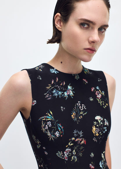 close up profile of model wearing the Eloise Dress In Printed Silk Wool in Black Floral