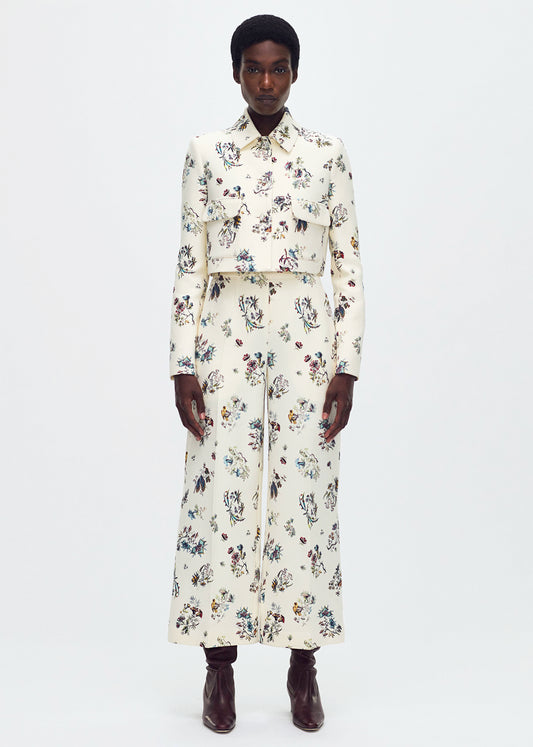 model wearing the Callen Pant in Printed Silk Wool in Ivory Floral