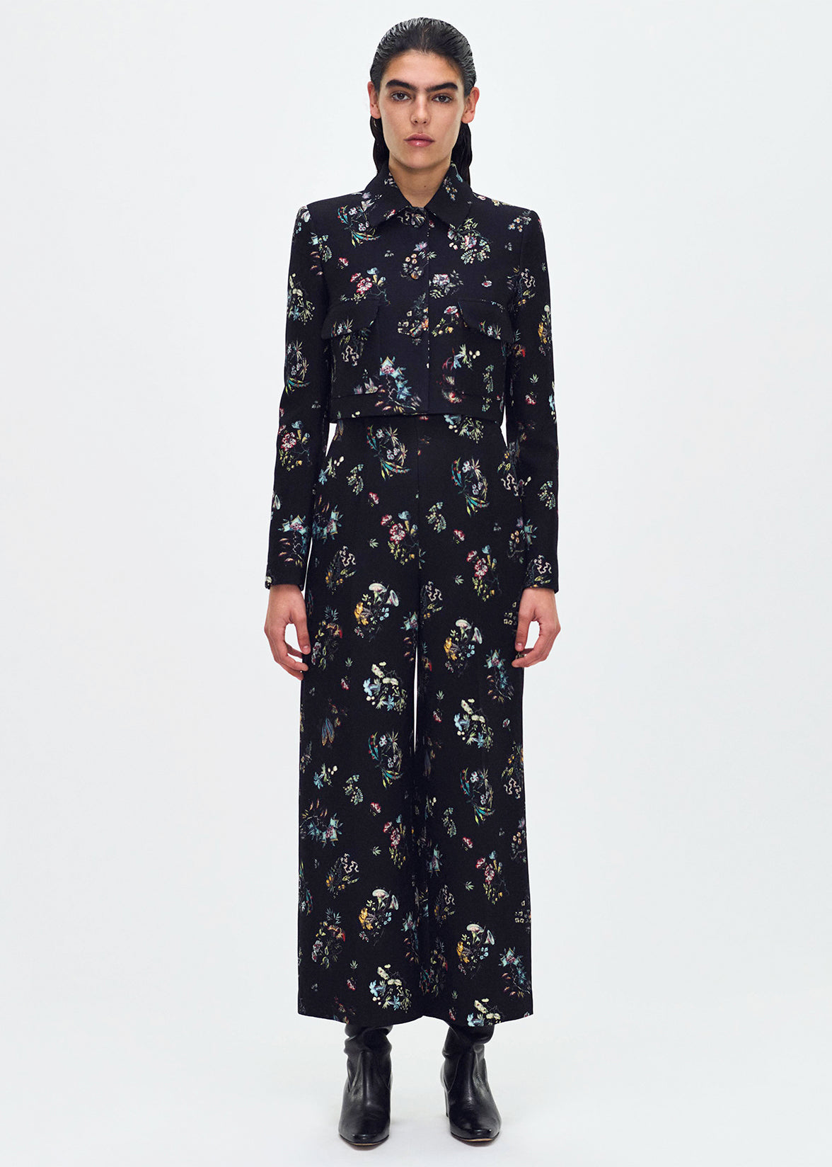 full body of model wearing the Callen Pant in Black Floral and Cecil Jacket