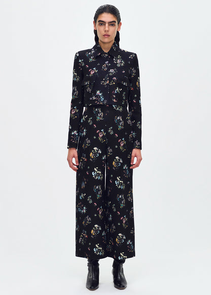 full body of model wearing the Callen Pant in Black Floral and Cecil Jacket