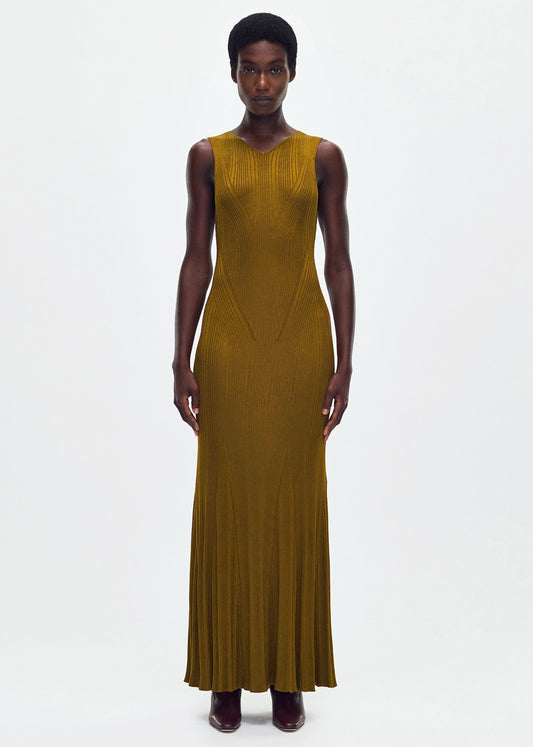 front profile of model wearing the Vivian Dress Engineered Rib in Bronze