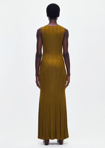 back profile of model wearing the Vivian Dress Engineered Rib in Bronze