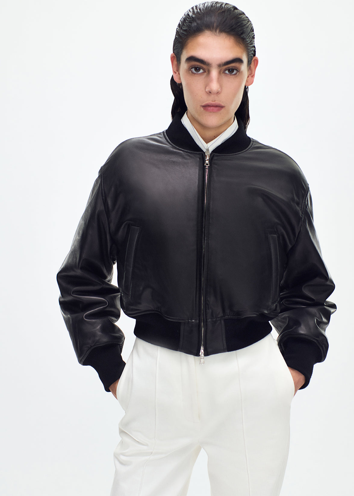 close up front of model wearing the Bomber Jacket in Black Leather