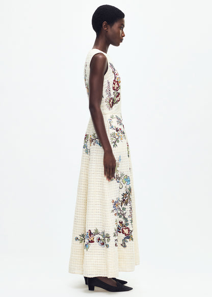 Image of model wearing Embroidered Eloise Dress in Basketweave in Ecru Floral