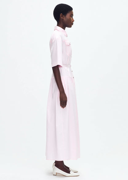 model wearing the Edie Dress in Cotton Twill khaki in pale pink