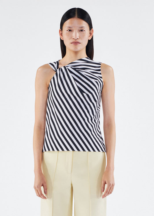 on figure front image of the Adam Lippes Feyda Top in Stripe Poplin in Black and White