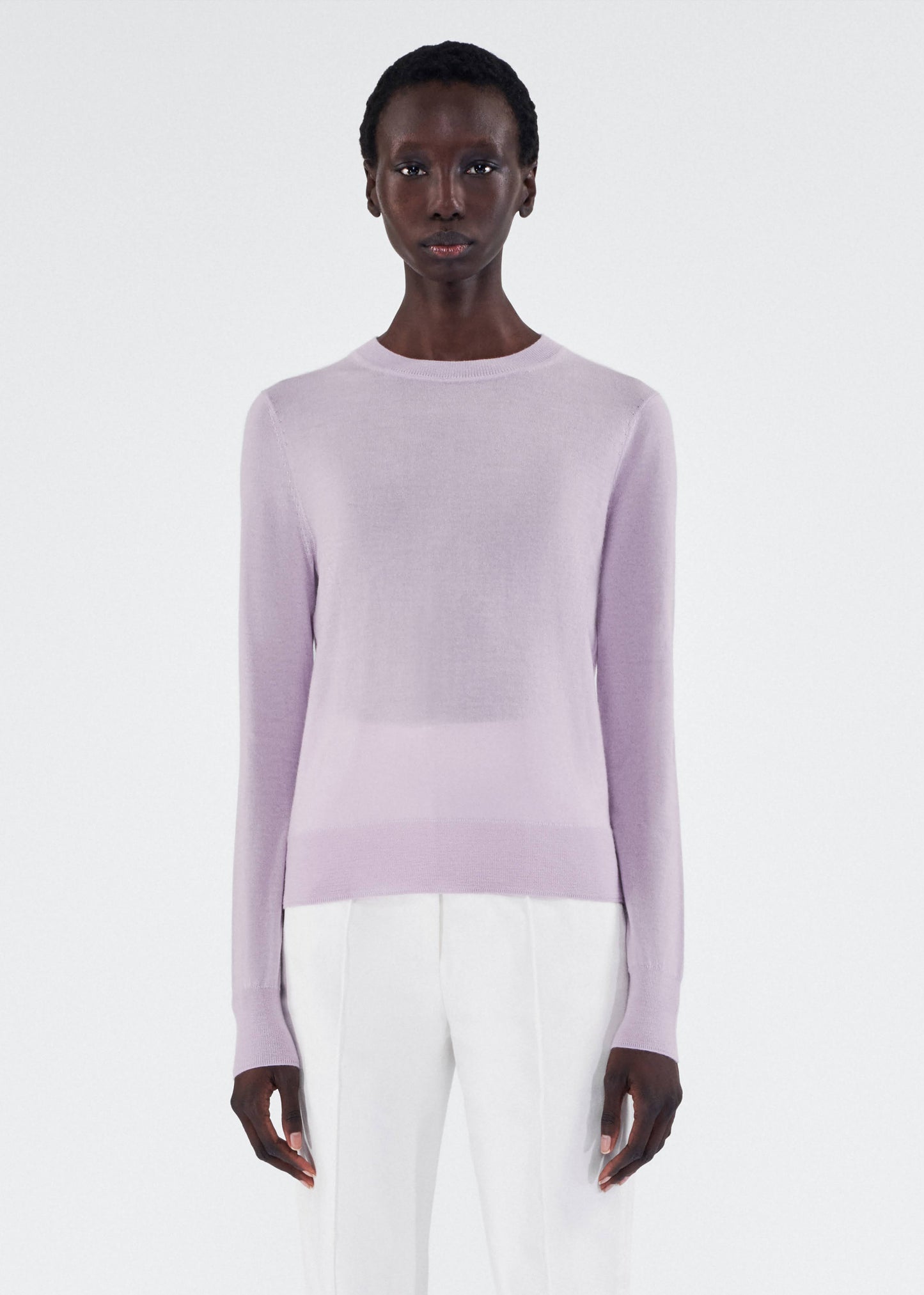 Front of model wearing Crewneck Sweater in Cashmere Silk in Lilac