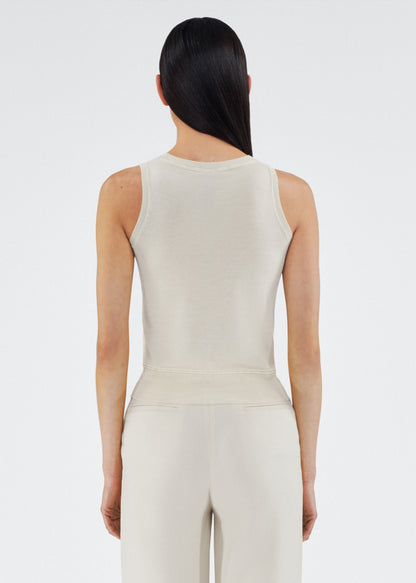 Back of model wearing Shell in Cashmere Silk in Beurre