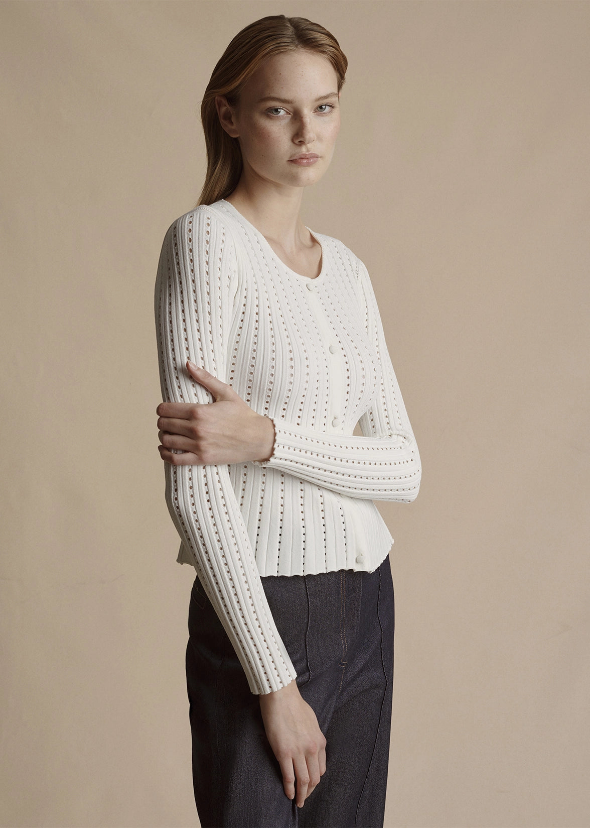CARDIGAN WITH PEPLUM IN POINTELLE KNIT