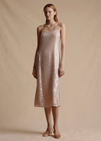 The model is wearing the Cami Dress in embroidered blush hued sequins.
