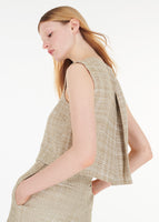 Close up of model wearing the Remo Top in Silk Linen Plaid
