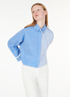 model wearing the ardsley top in mixed striped shirting