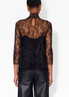 back image of a model wearing a lace top with leather trousers. 
