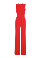 A flat lay of sleeveless red wool jumpsuit with a matching belt at the waist. 
