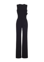 A flat lay of a black sleeveless wool jumpsuit. 