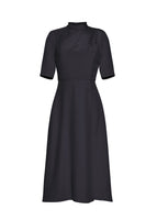 A lay down image of a black mid length short sleeved dress.
