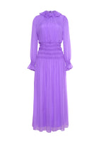 A flat lay image of a long, violet chiffon dress. 
