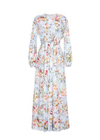 A flat lay image of a maxi-length pale blue floral dress. 