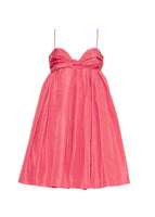 A flat lay of a pink empire waist mini dress with a full skirt. 