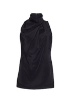 A flat lay of a black sleeveless silk draped neck top. 