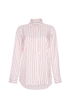 A flat lay of a red and white stripe button-down shirt. 