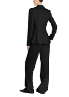 A back view image of a model wearing a black suit. 