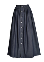 A navy skirt with pearl buttons. 