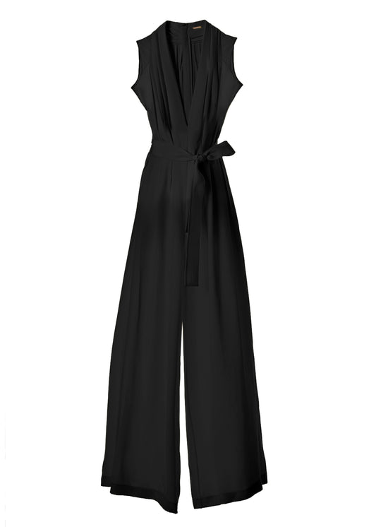 ghost image of the front of nansi jumpsuit in silk crepe in black