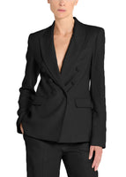 An image of a model wearing a black, double breasted blazer. 